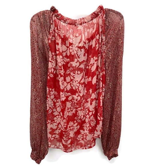 Free People Red & Ivory Floral Chiffon Blouse - Picture 2 of 2